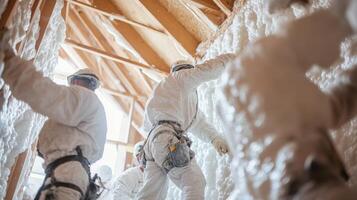 Construction Workers Applying Foam Insulation in an Attic Space photo