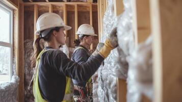 Two Construction Workers Installing Insulation in a New Home photo