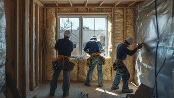 Three Construction Workers Installing Insulation in a New House photo