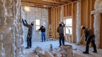 Construction Workers Insulating Walls of a House Under Construction photo