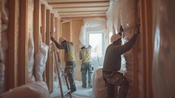 Construction Workers Installing Insulation in a New Home photo
