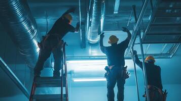 Three Construction Workers Installing HVAC Ductwork in a Building photo