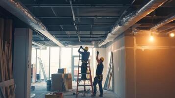 Two Construction Workers Installing Ductwork in a Room Under Construction photo