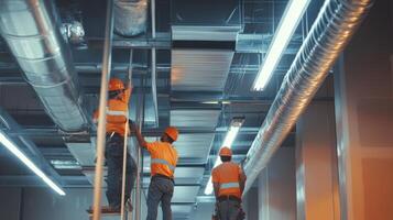 Construction Workers Installing Ventilation System in Building photo