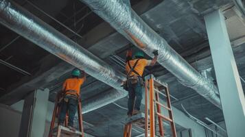 Two Construction Workers Installing Large Silver Pipes on Ladders photo