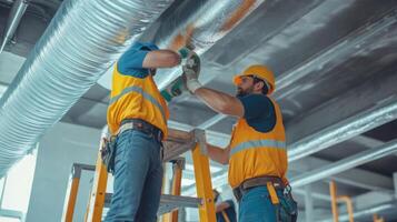 Two Construction Workers Installing Ductwork on a Ceiling photo