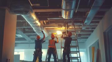 Construction Workers Installing Ventilation Ducts in a Building photo