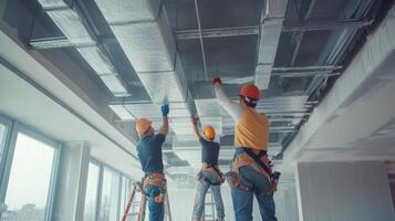Construction Workers Installing HVAC Ductwork in a Building photo