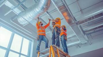 Construction Workers Installing HVAC Ductwork in a Commercial Building photo