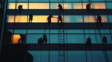 Window Washers Suspended from a Modern Glass Building photo