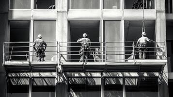 Three Construction Workers Looking Out Over Cityscape photo