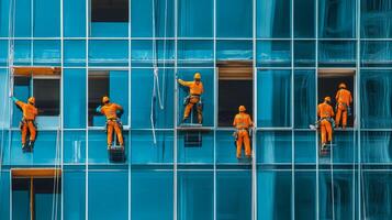 Workers in Orange Suits Cleaning Windows of Modern Skyscraper photo