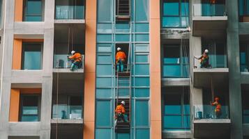 Construction Workers Cleaning Windows on a Modern Building photo