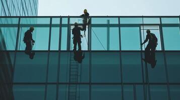 Three Silhouettes of Window Washers on a Modern Building photo
