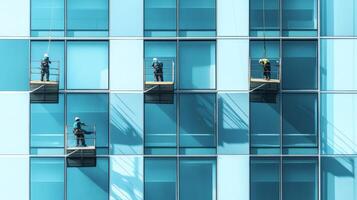 Workers cleaning the exterior glass windows of a modern skyscraper photo