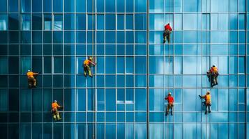 Window Cleaners Suspended on Ropes Cleaning a Modern Glass Building photo