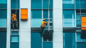 Construction Workers Cleaning Windows on a Modern Building photo