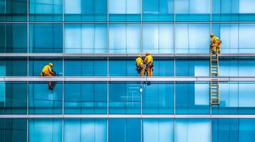 Window Washers Working on a Modern Glass Building photo