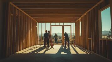 Three Construction Workers Standing in a Framed Room photo