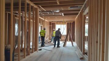 Three Construction Workers in an Unfinished Room photo