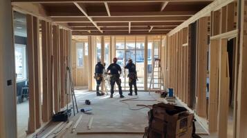 Three Construction Workers in a Room Under Construction photo