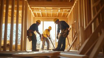 Construction Workers in a Partially Built House Framing photo