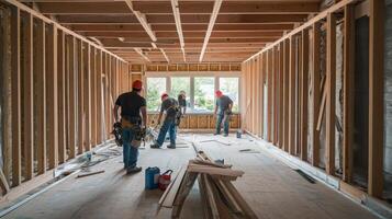 Construction Workers in Unfinished Room with Wooden Framing photo