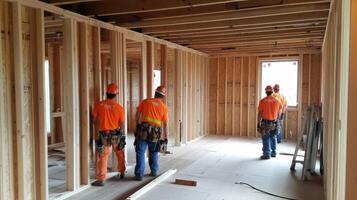 Three Construction Workers in a Partially Constructed Building photo