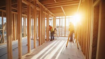 Two Construction Workers Inside Unfinished Room of New House photo