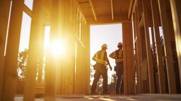 Two Construction Workers Standing in a Frame of a New Home photo