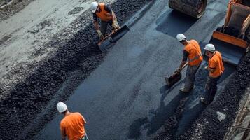 Construction Workers Laying Asphalt on a Road photo