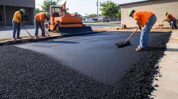 Workers smoothing freshly laid asphalt with shovels photo