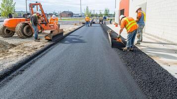 Construction Workers Laying Asphalt Pavement photo