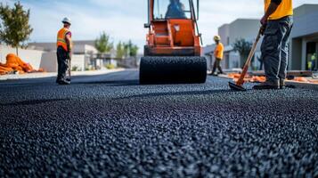 Freshly Laid Asphalt Pavement with Workers and Road Roller in Background photo