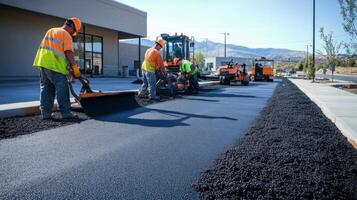 Workers Spreading Asphalt on a Newly Paved Road photo