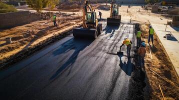 Construction Workers Leveling Asphalt Pavement with Rollers and Tools photo