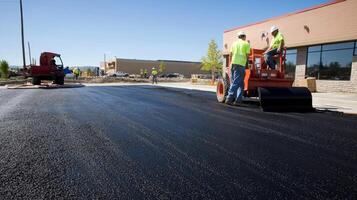 Construction Workers Laying Fresh Asphalt Pavement photo