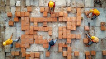 Construction Workers Laying Bricks From Above photo
