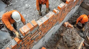 Construction Workers Building a Brick Wall photo