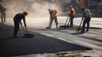 Construction Workers Spreading Asphalt with Shovels photo
