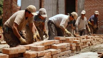 Construction Workers Laying Bricks for a Wall photo
