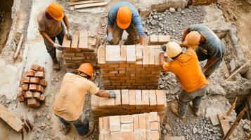 Construction Workers Laying Bricks on a Building Site photo