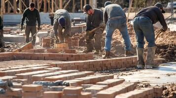 Construction Workers Laying Bricks on a Building Site photo