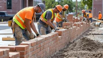 Construction Workers Laying Bricks for a Brick Wall photo