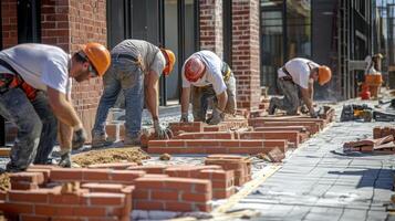 Construction Workers Laying Bricks on a New Building photo