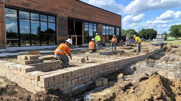 Construction Workers Building a Brick Wall in Front of a Brick Building photo