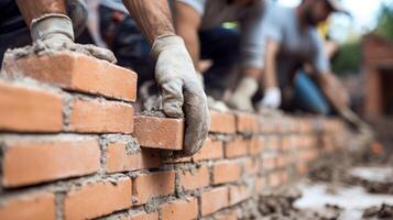 Closeup of a Construction Worker's Hand Placing a Brick on a Wall photo