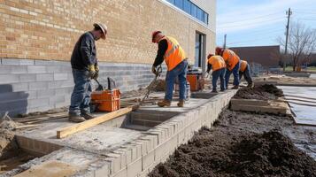 Construction Workers Leveling Concrete Foundation with Power Tools photo