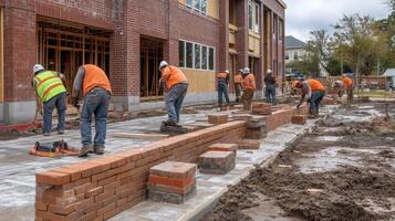 Construction Workers Building a Brick Wall Outside a Brick Building photo