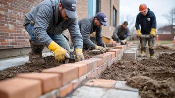 Construction Workers Laying Bricks for a New Wall photo